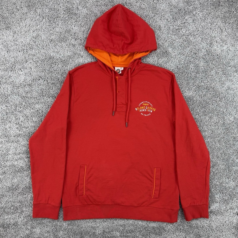 Roland Garros Hoodie Men's L Red French Open Cotton Henley Snap Drawstrings
